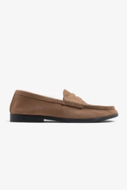 Beige apron toe suede loafers