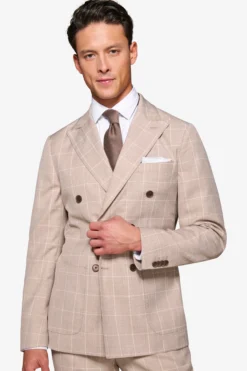 Beige check double-breasted suit blazer