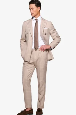 Beige check double-breasted suit blazer