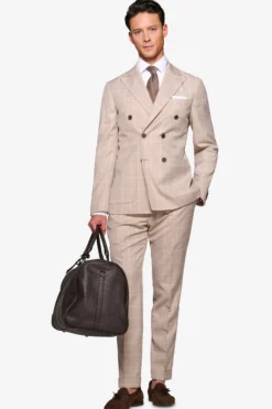 Beige check double-breasted suit blazer