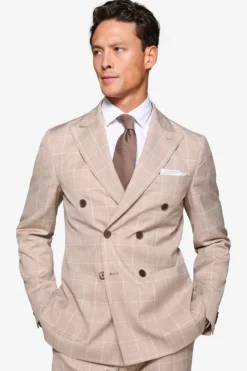 Beige check double-breasted suit blazer