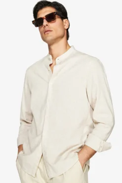 Beige linen blend mandarin collar shirt