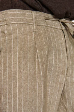 Beige pinstriped linen blend drawstring trousers