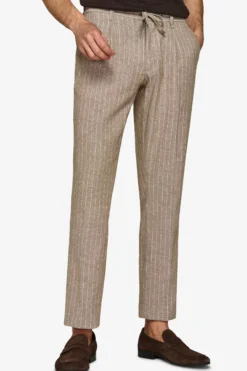 Beige pinstriped linen blend drawstring trousers