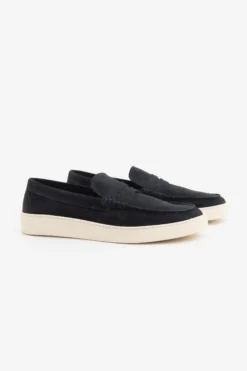Blue suede apron toe loafers