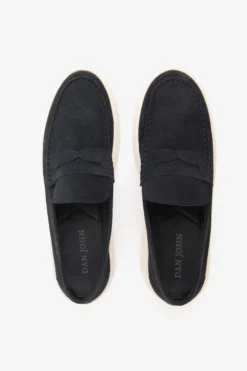 Blue suede apron toe loafers