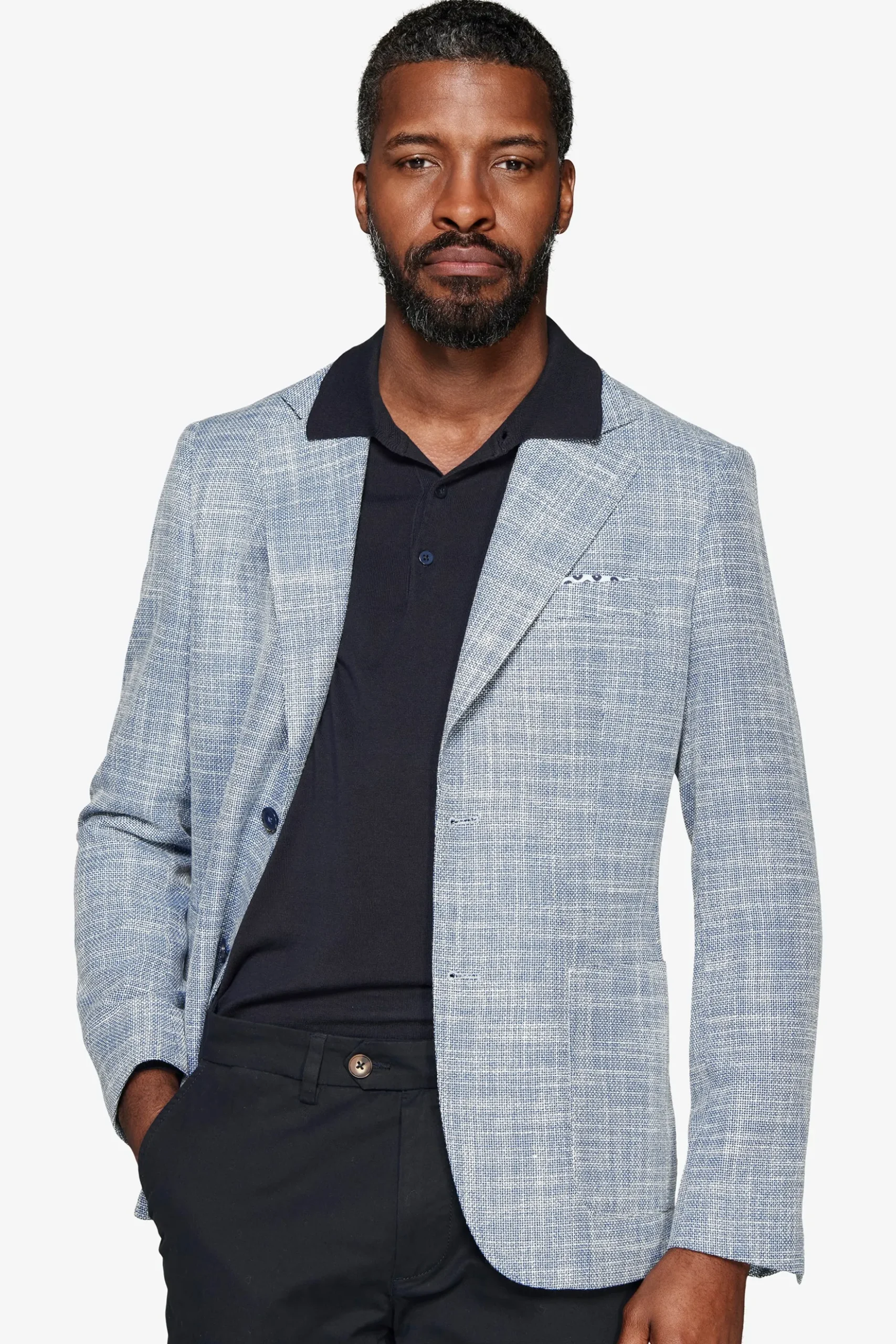 Blue textured linen blend blazer