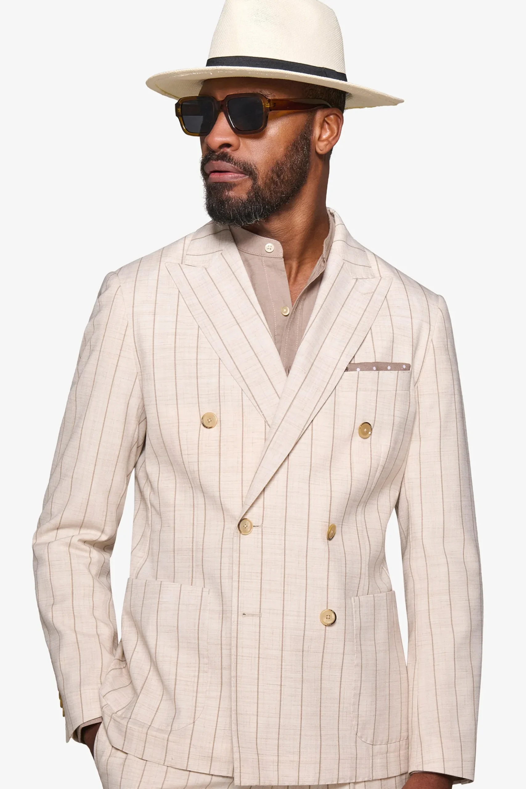 Cream melange pinstripe double-breasted suit blazer