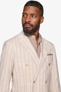 Cream melange pinstripe double-breasted suit blazer