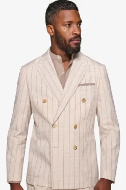 Cream melange pinstripe double-breasted suit blazer