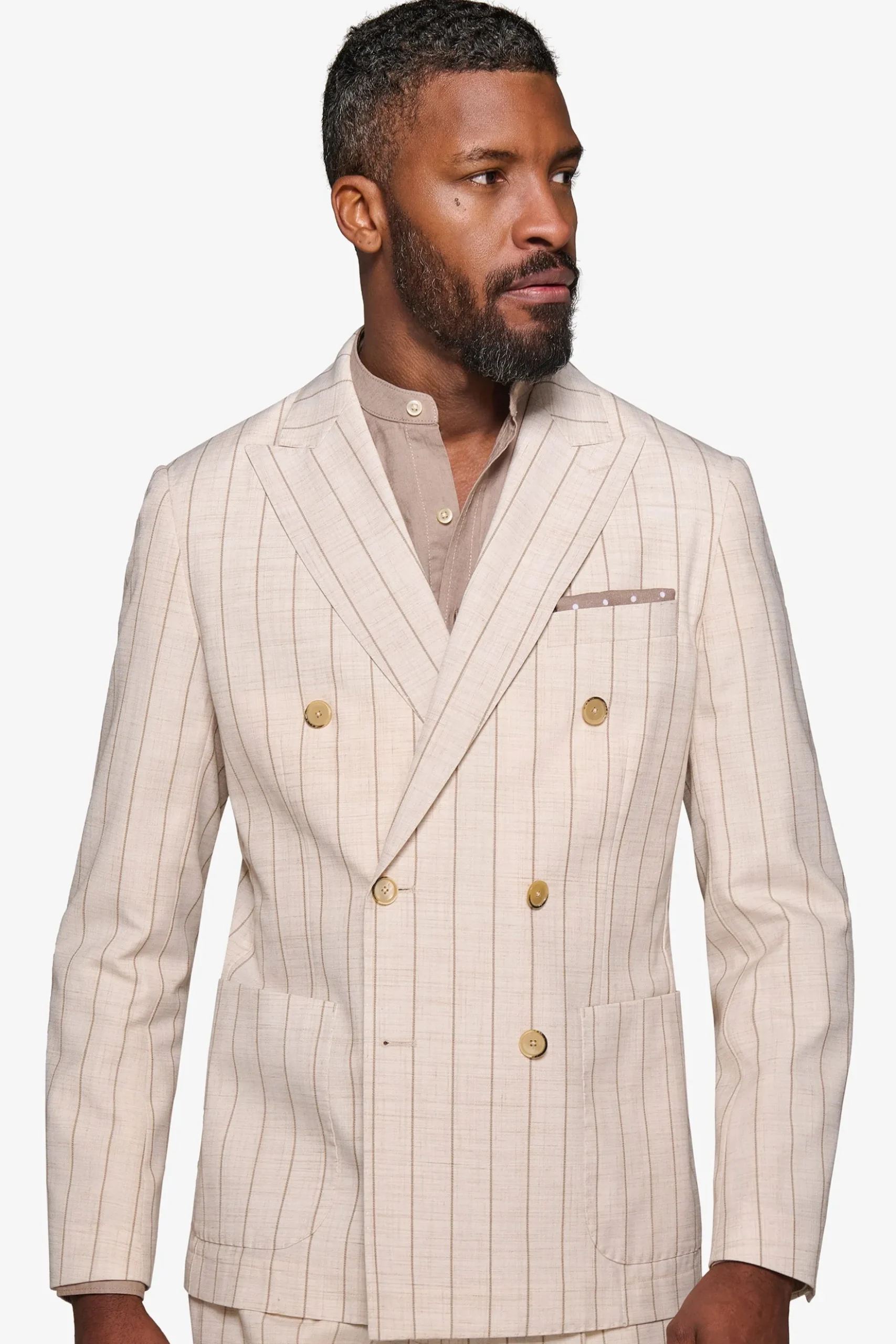 Cream melange pinstripe double-breasted suit blazer