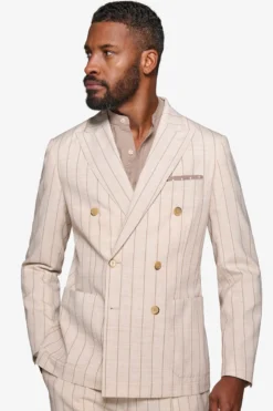 Cream melange pinstripe double-breasted suit blazer