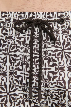Dark brown ethnic print swim trunks