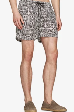 Dark brown ethnic print swim trunks