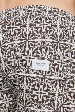 Dark brown ethnic print swim trunks