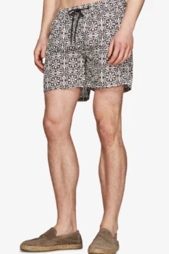 Dark brown ethnic print swim trunks