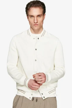 DNJ Cream dual material linen blend bomber jacket