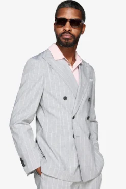 Gray double-breasted pinstripe blazer