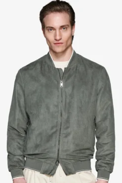 Green ecosuede perforated bomber jacket