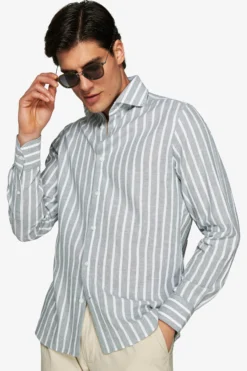 Green linen blend striped shirt