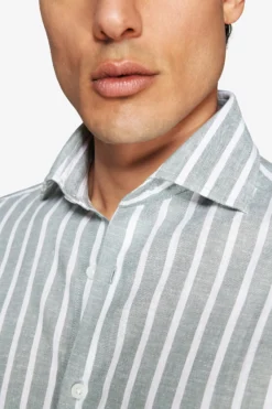 Green linen blend striped shirt