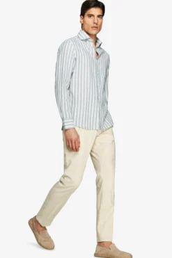 Green linen blend striped shirt
