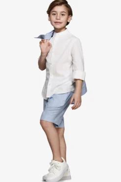 KIDS Cream linen blend mandarin collar shirt