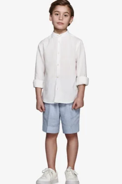 KIDS Cream linen blend mandarin collar shirt