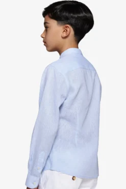 KIDS Light blue linen blend mandarin collar shirt