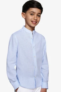 KIDS Light blue linen blend mandarin collar shirt