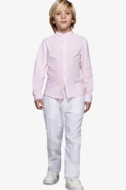 KIDS Pink striped mandarin collar linen blend shirt