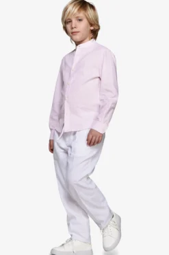 KIDS Pink striped mandarin collar linen blend shirt