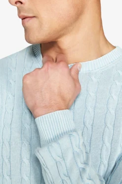 Light blue braided flat rib crewneck sweater