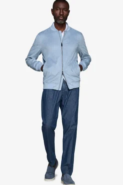 Light blue ecosuede full zip bomber jacket