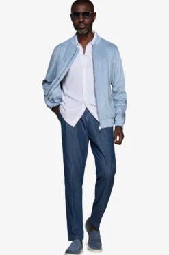 Light blue ecosuede full zip bomber jacket