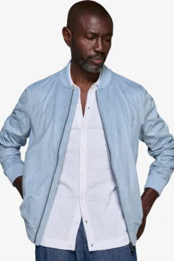 Light blue ecosuede full zip bomber jacket