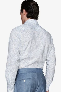 Light blue floral print linen blend shirt