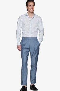 Light blue floral print linen blend shirt