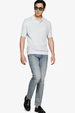 Light blue linen blend knit polo shirt