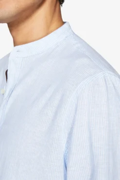 Light blue linen blend striped mandarin collar shirt