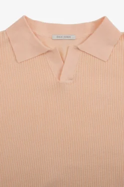 Peach textured knit open collar polo shirt