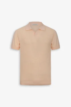 Peach textured knit open collar polo shirt