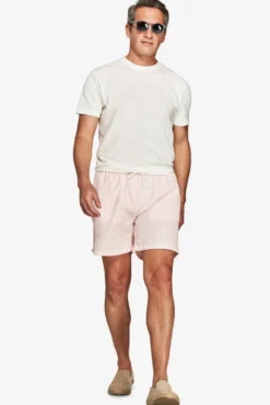 Pink striped seersucker swim trunks