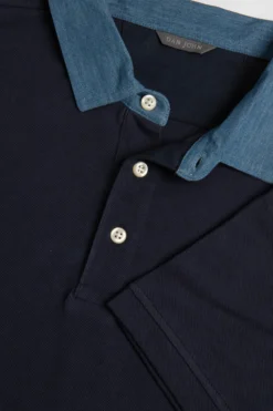 Piquet Textured Polo Shirt With Denim Collar