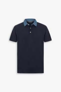 Piquet Textured Polo Shirt With Denim Collar