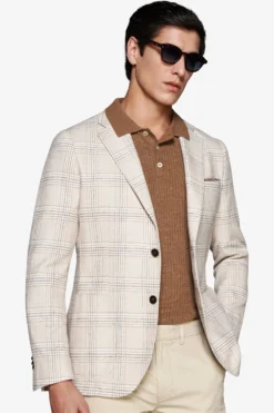 Sand linen blend overcheck blazer