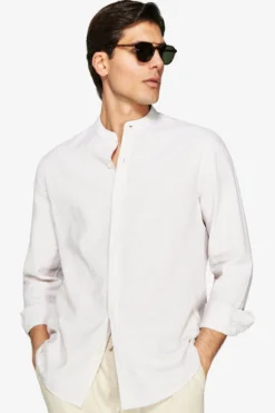 Sand linen blend striped mandarin collar shirt