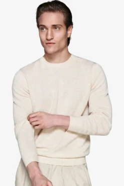 Sand melange textured crewneck sweater