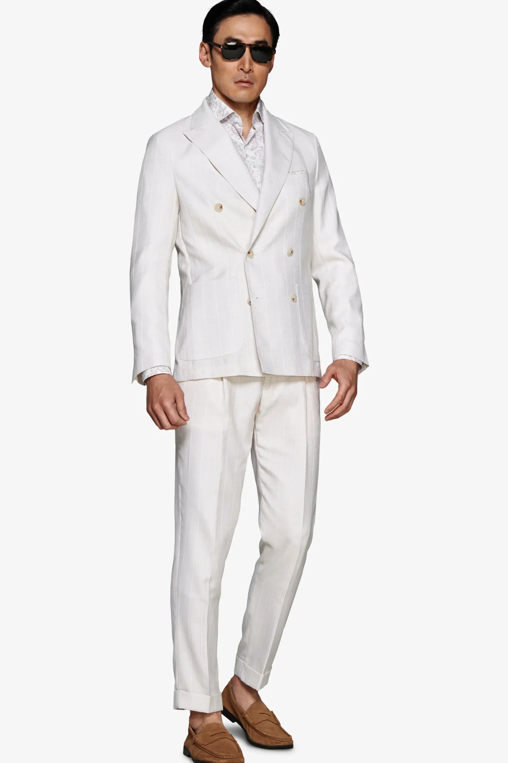 Sand pinstriped double-breasted blazer