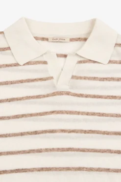Taupe melange striped knit polo shirt